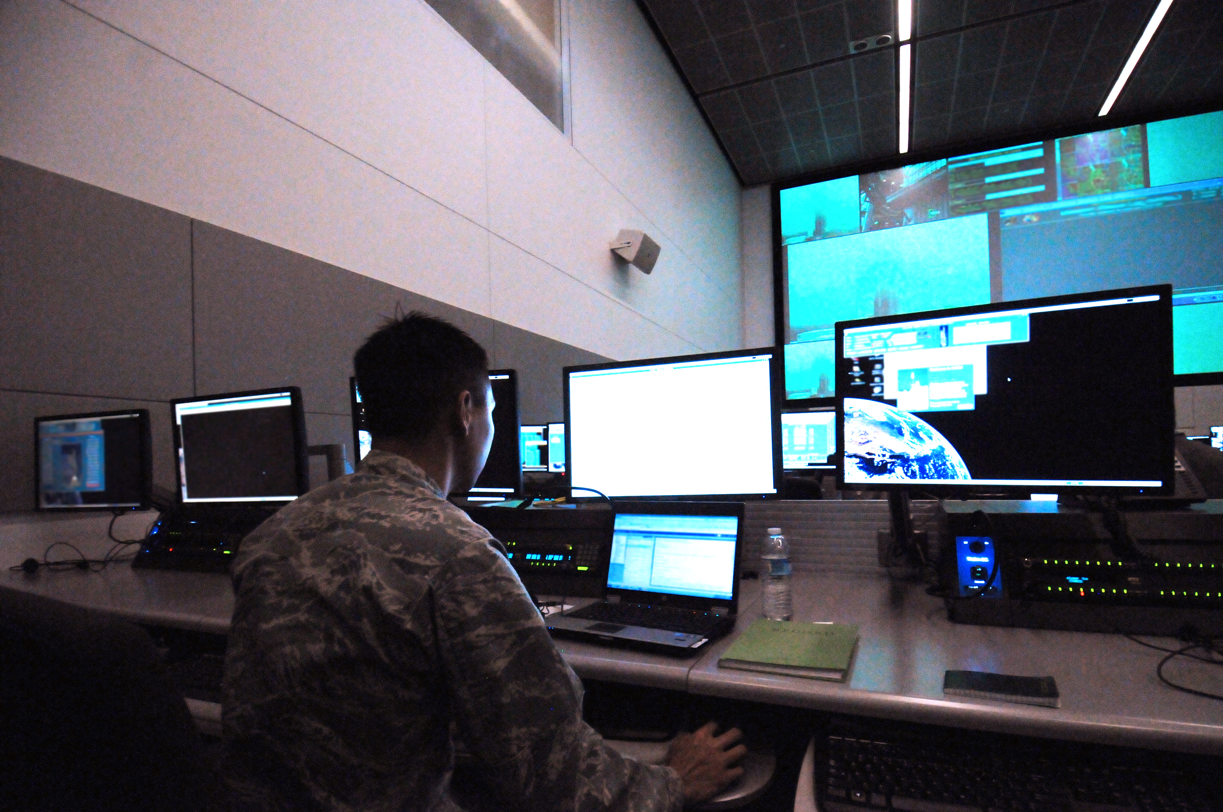 Aerospace control room with flight operations displays